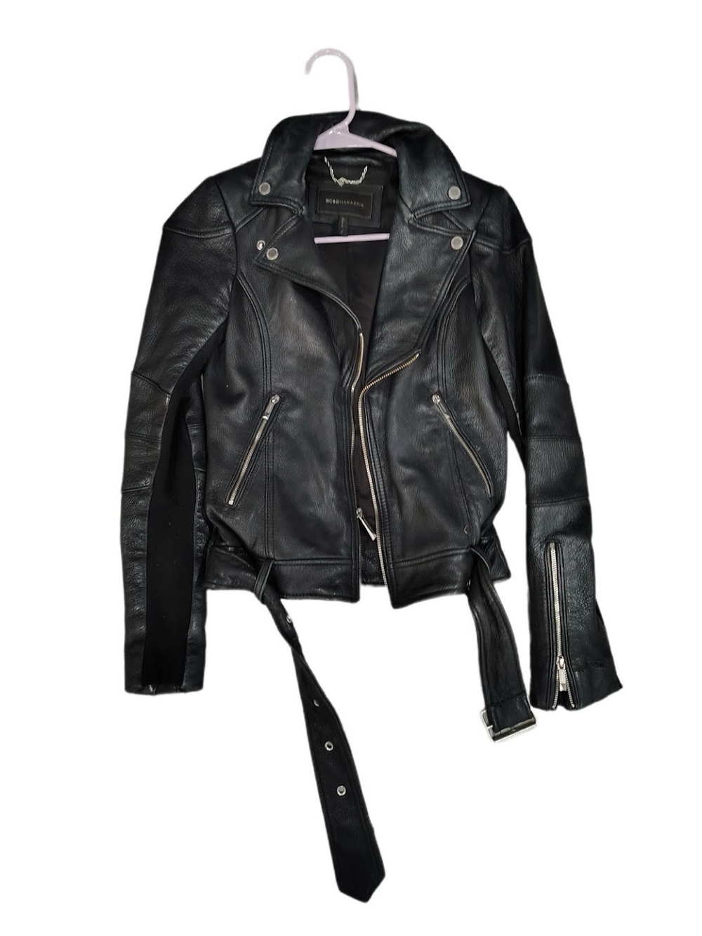 BCBGMaxAzria Black Leather Moto Jacket with Belt